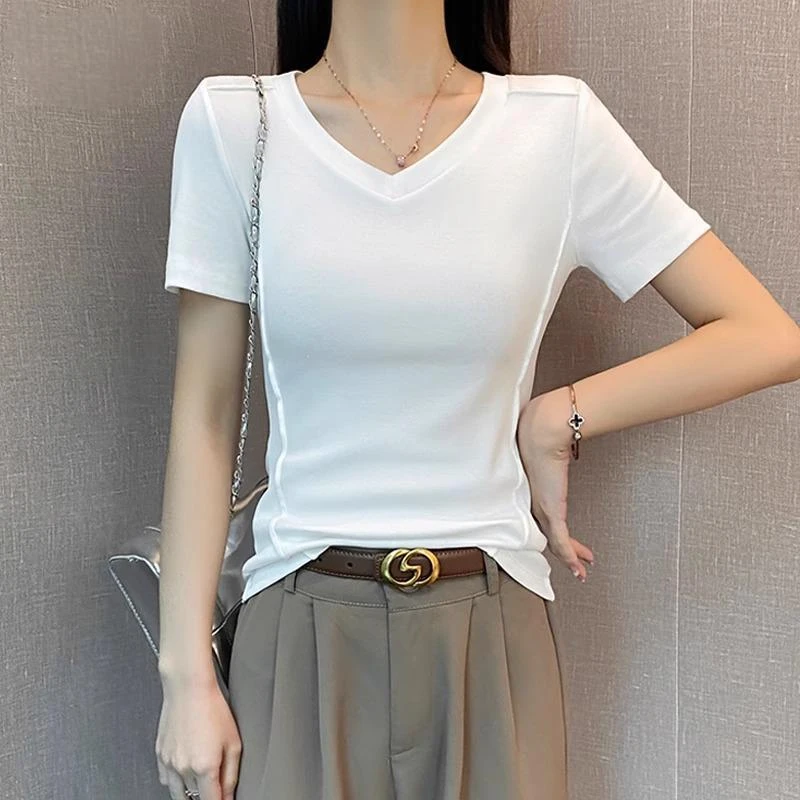 2025新款白色V领鱼骨短袖t恤女春夏低领修身显瘦打底半袖精棉上衣