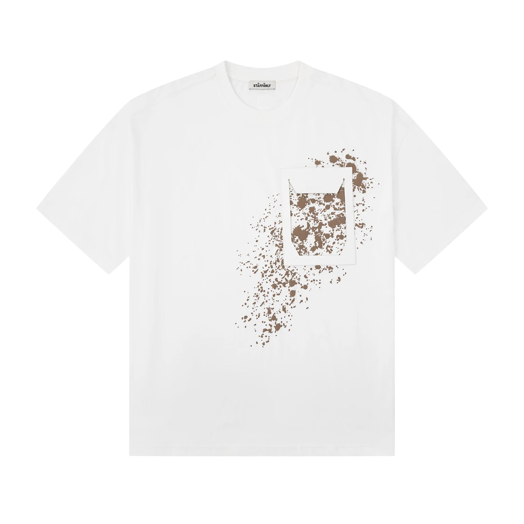 STAFFONLY油漆喷溅口袋T恤时尚百搭潮流休闲圆领宽松白色纯棉夏季
