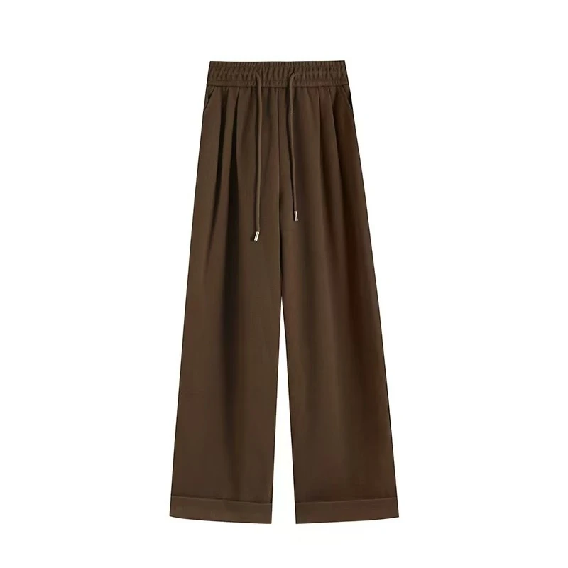 LIXIA 休闲风绑带高腰休闲裤显瘦抽绳卡其夏季简约复古宽松阔腿裤