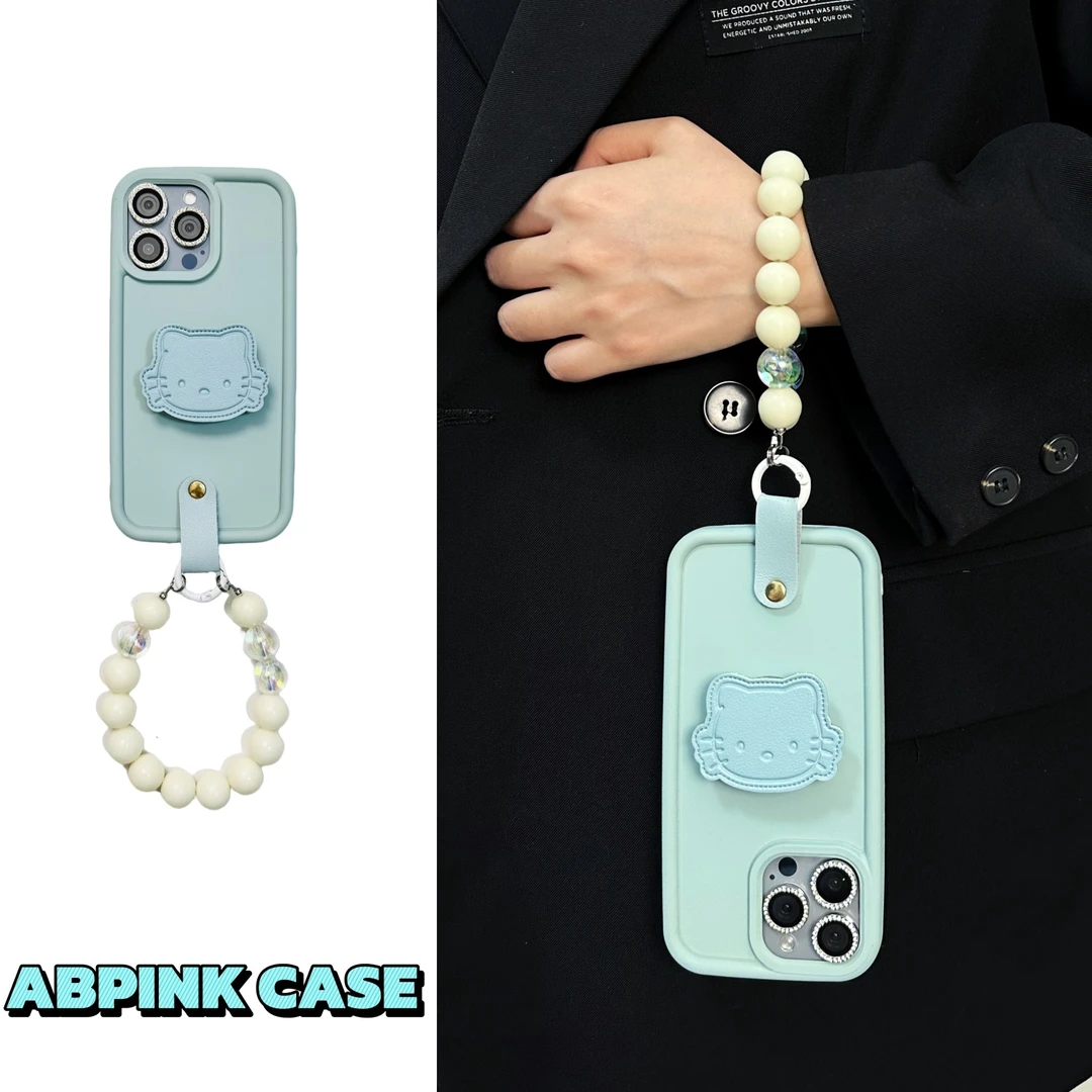 浅粉KT猫支架手提珠子链条适用iPhone16promax苹果15手机壳14软13