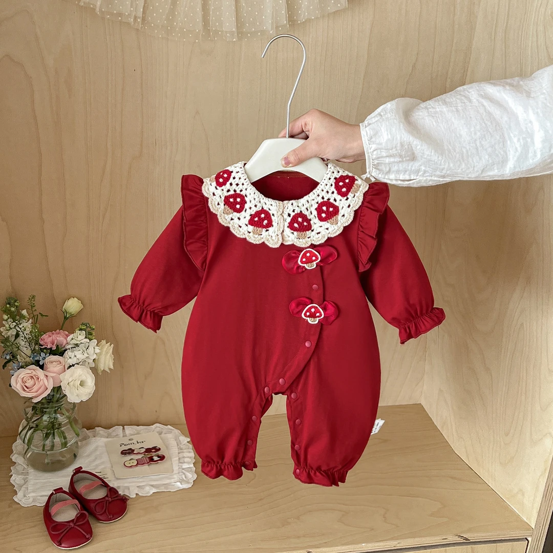 婴儿衣服春装新款可爱女宝宝春季双层长袖连体衣红色喜庆周岁礼服