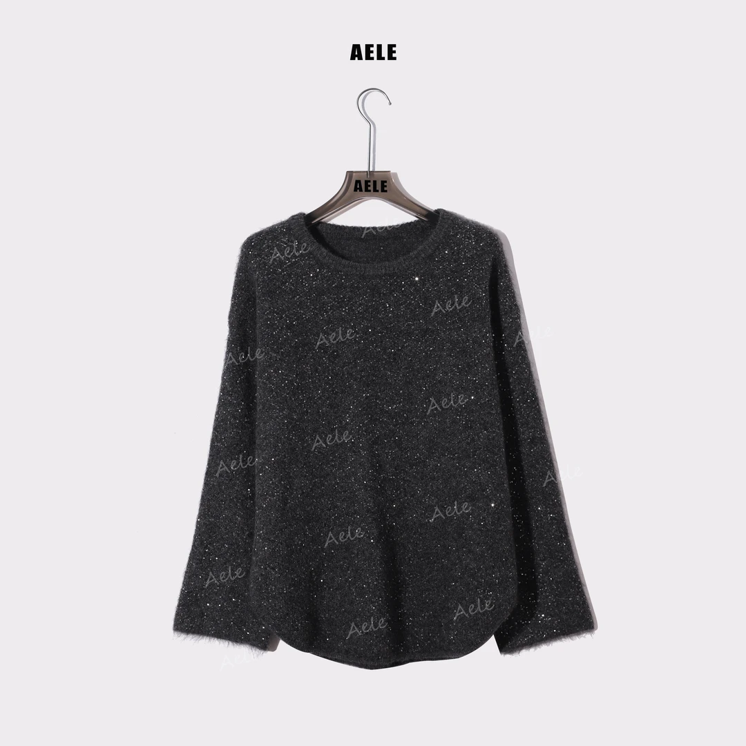 AELE深灰亮片针织衫女圆领微喇袖闪钻时尚保暖上衣 X855 3902 AD