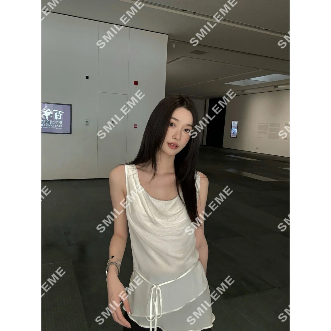 SMILEME【云絮漫游】夏季穿搭‘’100人丝‘’下摆拼接网纱无袖吊带上衣