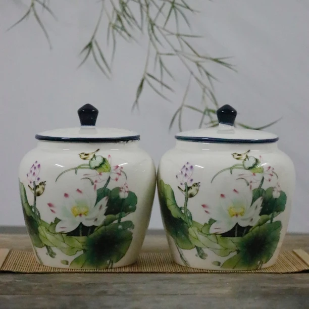 琢朴堂-荷花和韵大号将军罐茶叶罐茶罐密封罐储物罐a109