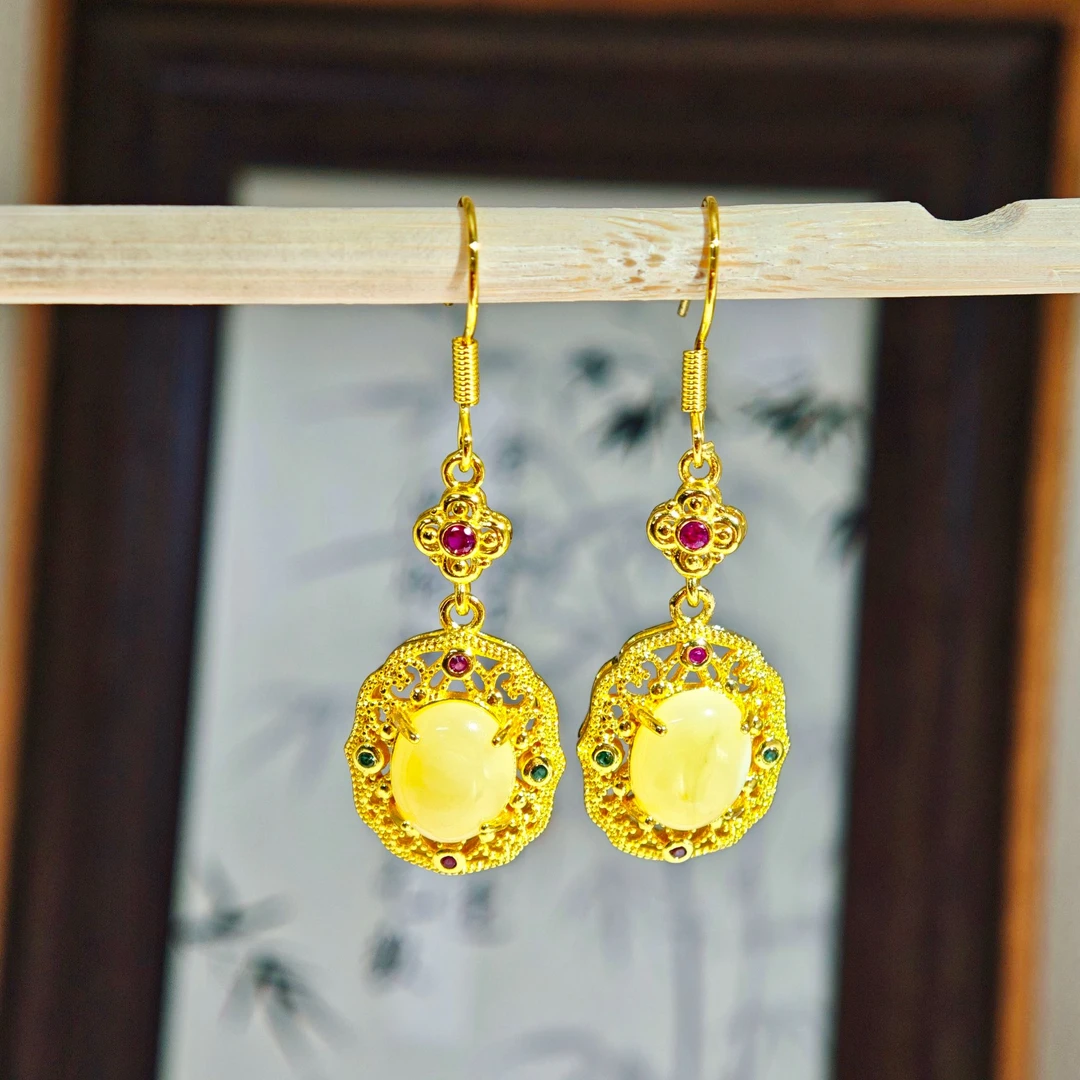 天然玉石 时尚精美轻奢镶钻蜜蜡耳坠 多样性发其一 Q205