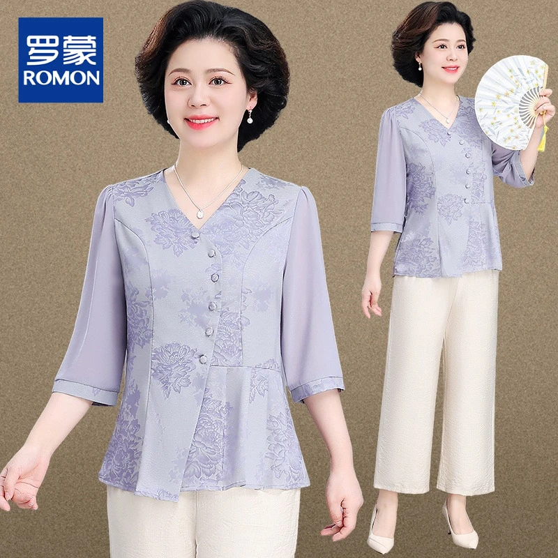 妈妈七分袖上衣新款洋气中老年人套装女夏装气质国风雪纺衫两件套