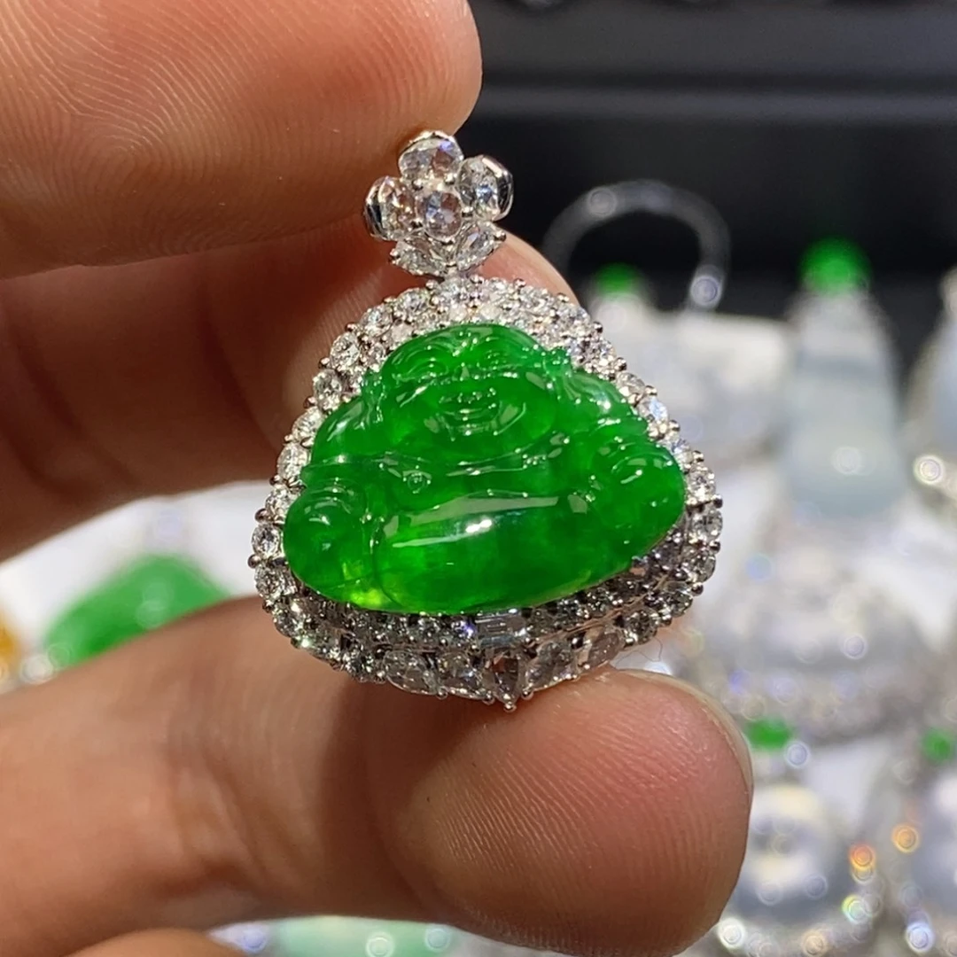 吊坠(不含链)18K金镶嵌翡翠浓阳绿佛公