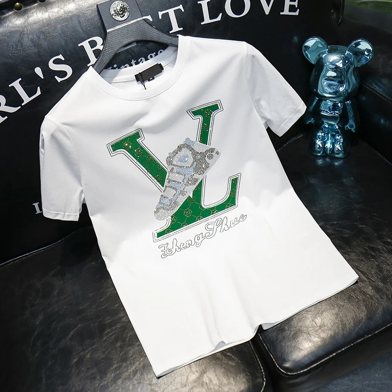 吉伦略索欧货潮牌烫钻短袖T恤男夏季新款丝光棉修身休闲帅气体恤