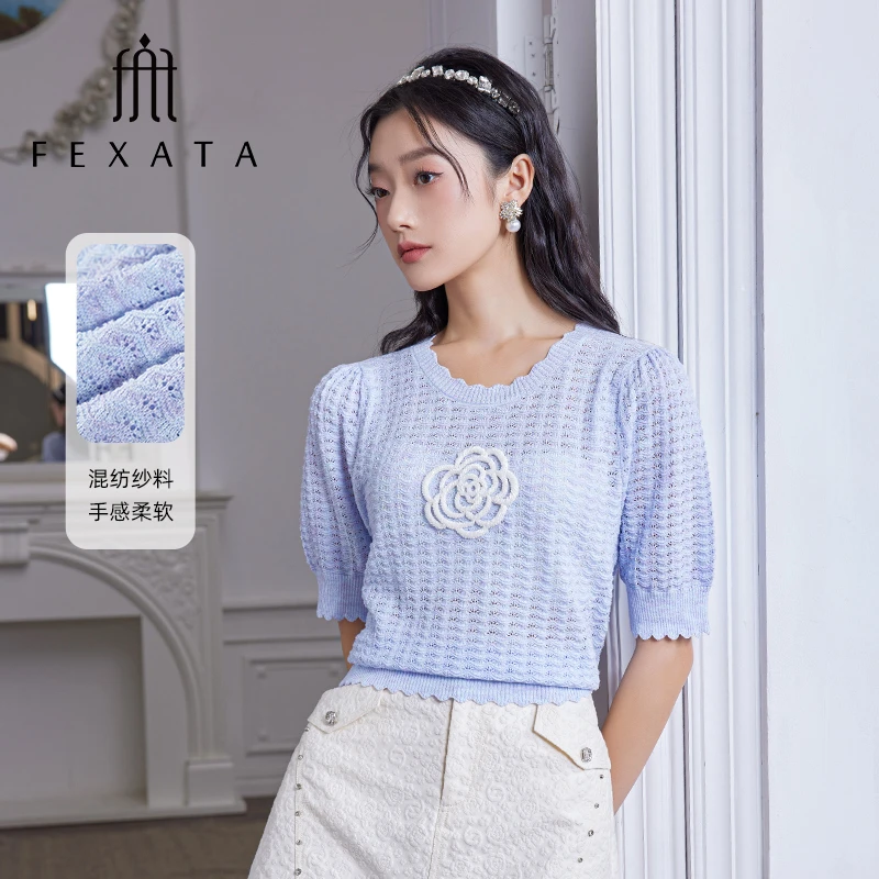 FEXATA斐格思2025夏季新品花朵法式优雅小香针织衫上衣女