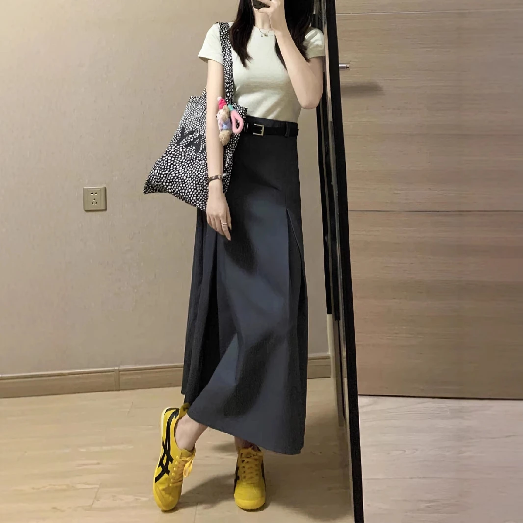 梨形身材灰色西装裙子女秋季胖妹妹mm高腰遮秋季高腰复古牛仔