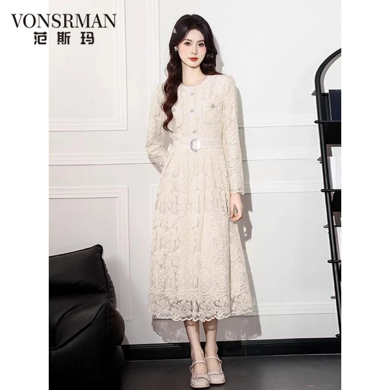 设计感法式名媛气质蕾丝连衣裙2025秋冬季新款收腰显瘦长袖中长裙