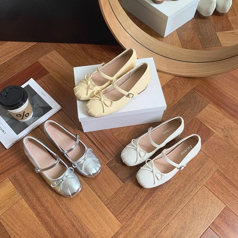 5cm内增高单鞋女2025新款秋真皮浅口玛丽珍鞋法式蝴蝶结芭蕾舞鞋