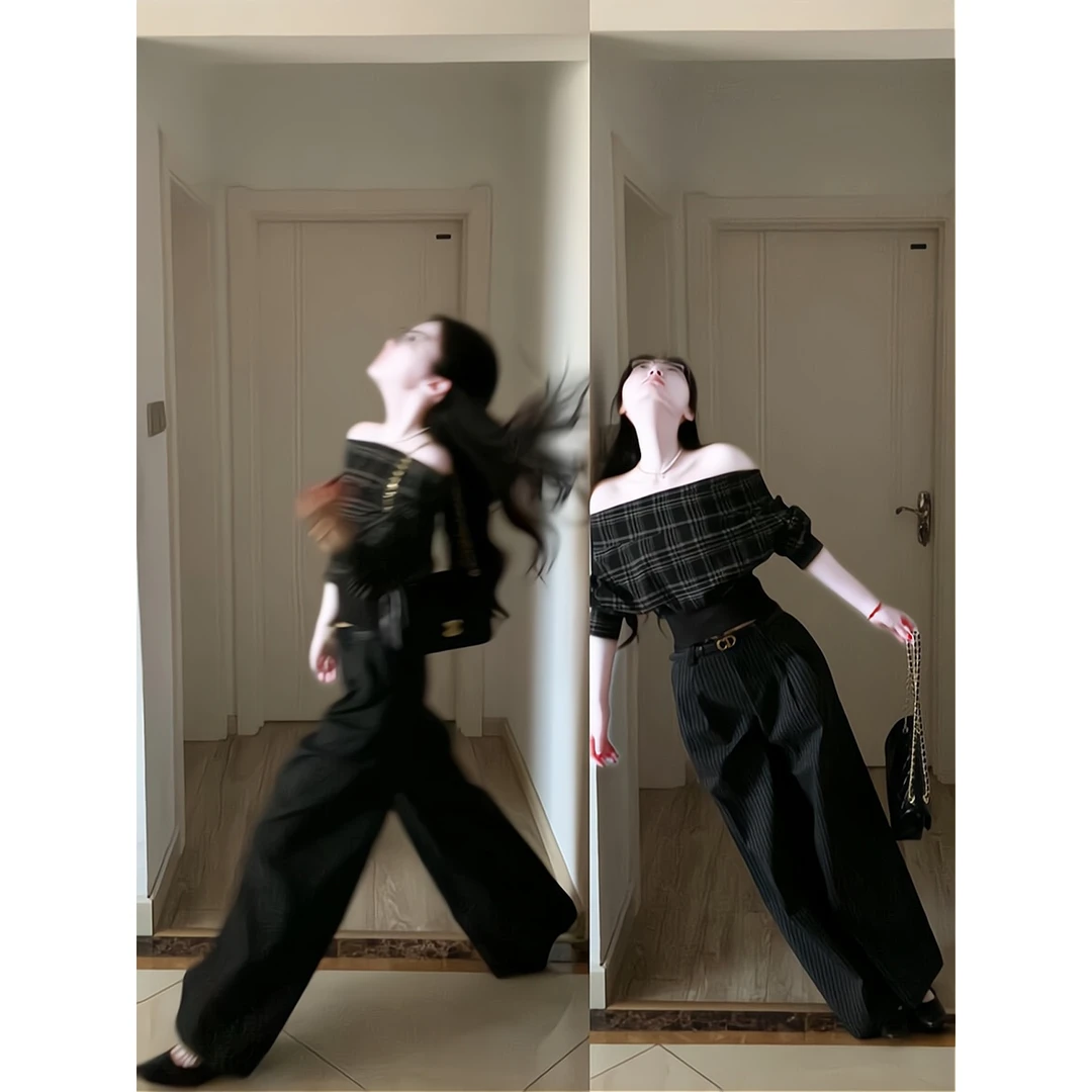 巨好看早秋季新款一整套穿搭韩系撞色格子上衣休闲阔腿裤两件套装