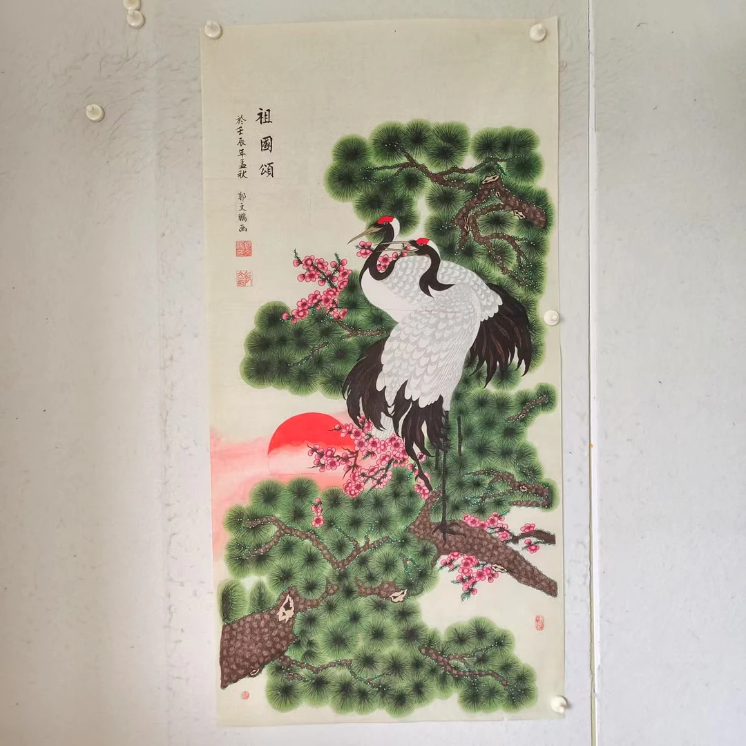 4740 多年前纯手绘老字画《松鹤延年》中堂  尺寸 131×66