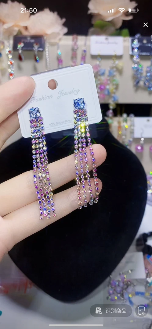 铜合金仿水晶耳饰 流苏耳环气质耳钉欧美轻奢简约长款