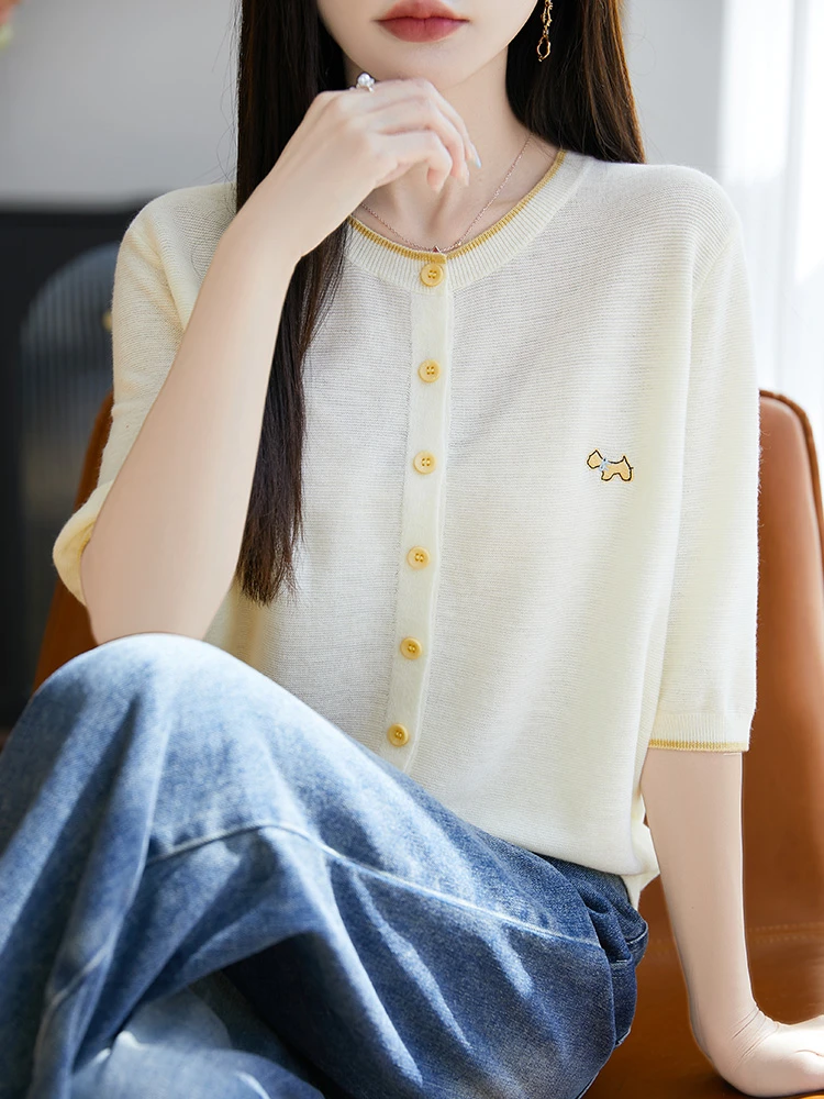 薄款新款刺绣针织百搭短袖开衫2025空调房外搭圆领春夏宽松上衣
