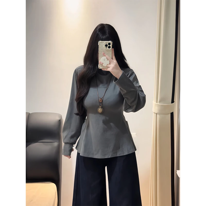 胖mm设计感收腰半高领T恤打底衫女秋冬季修身内搭显瘦灯笼袖上衣