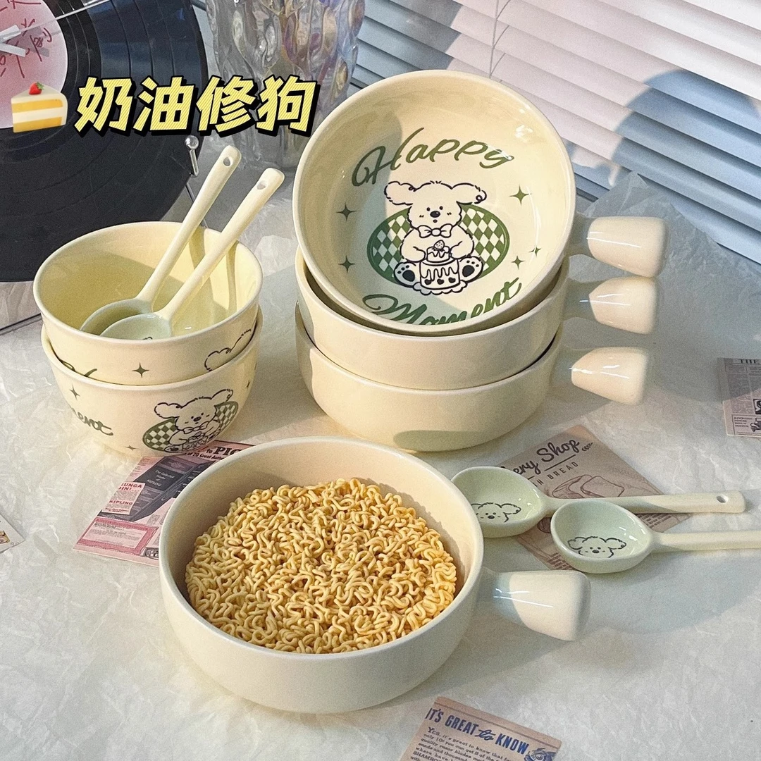 釉下彩ins奶油可爱小狗陶瓷手柄碗餐具套餐手把饭碗宿舍学生儿童