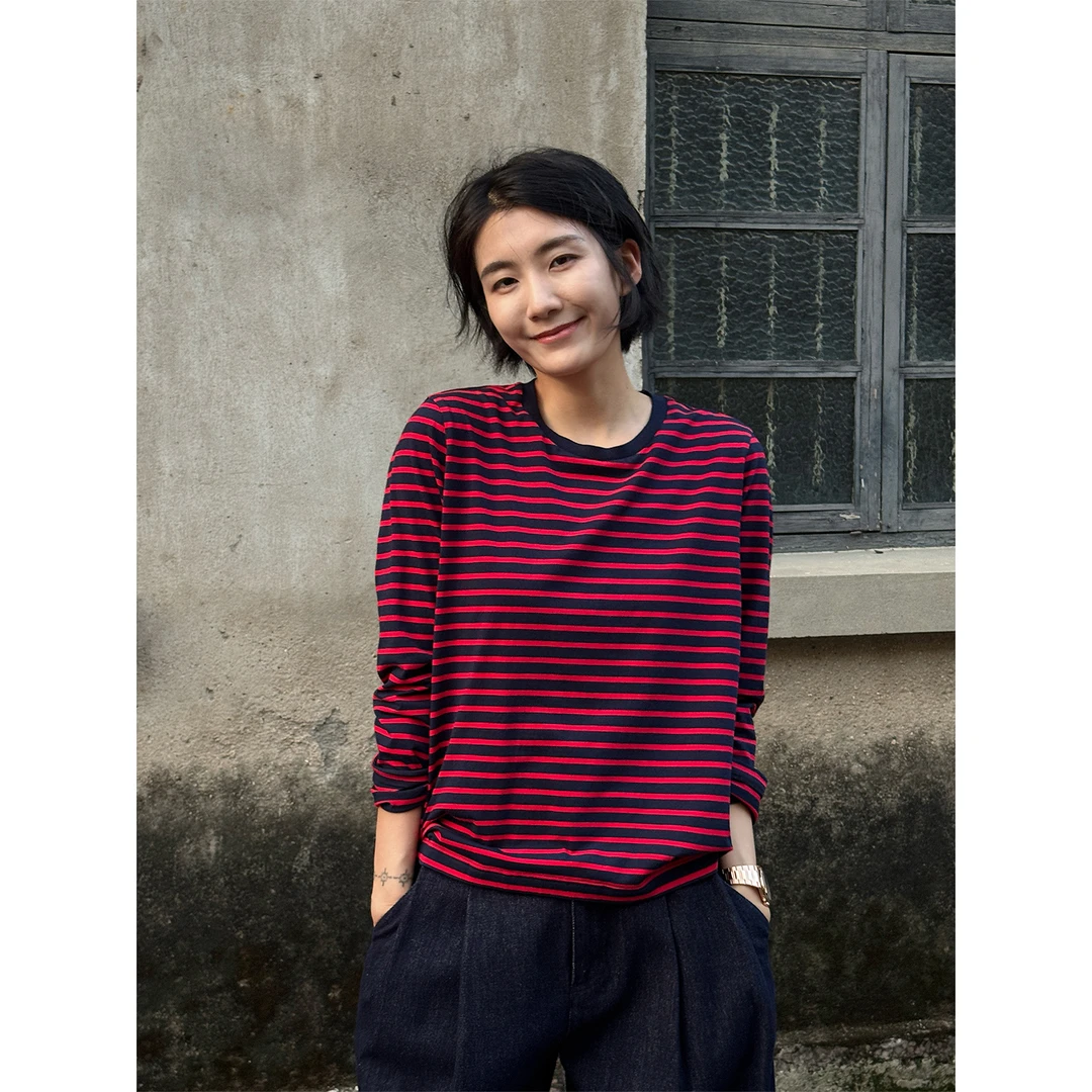 LANGQING 时尚红蓝拼接条纹宽松舒适T恤上衣45649#