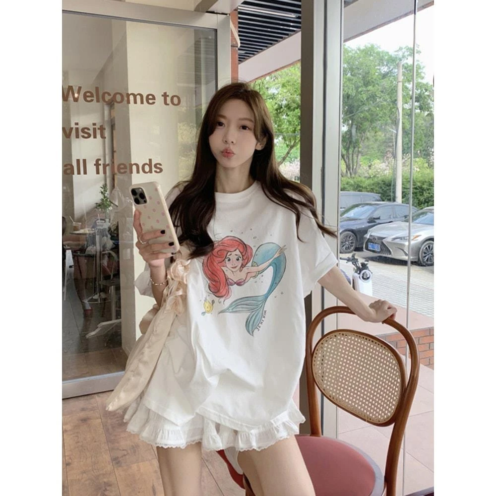 卡通人鱼印花白色短袖t恤女夏季设计感宽松休闲慵懒风中长款上衣