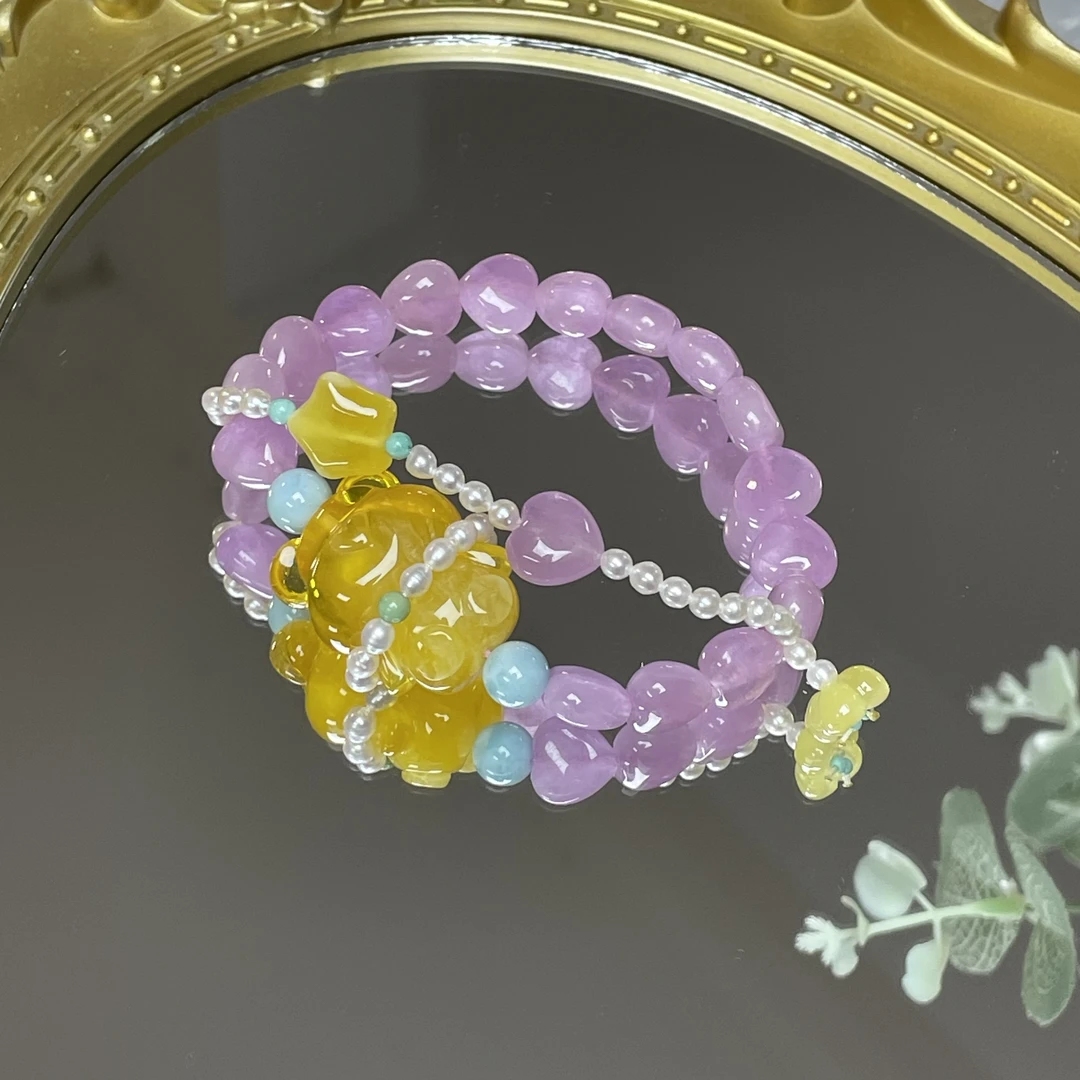 •天然琥珀蜜蜡小熊紫锂辉爱心设计手链（裸坠4.75g）B243