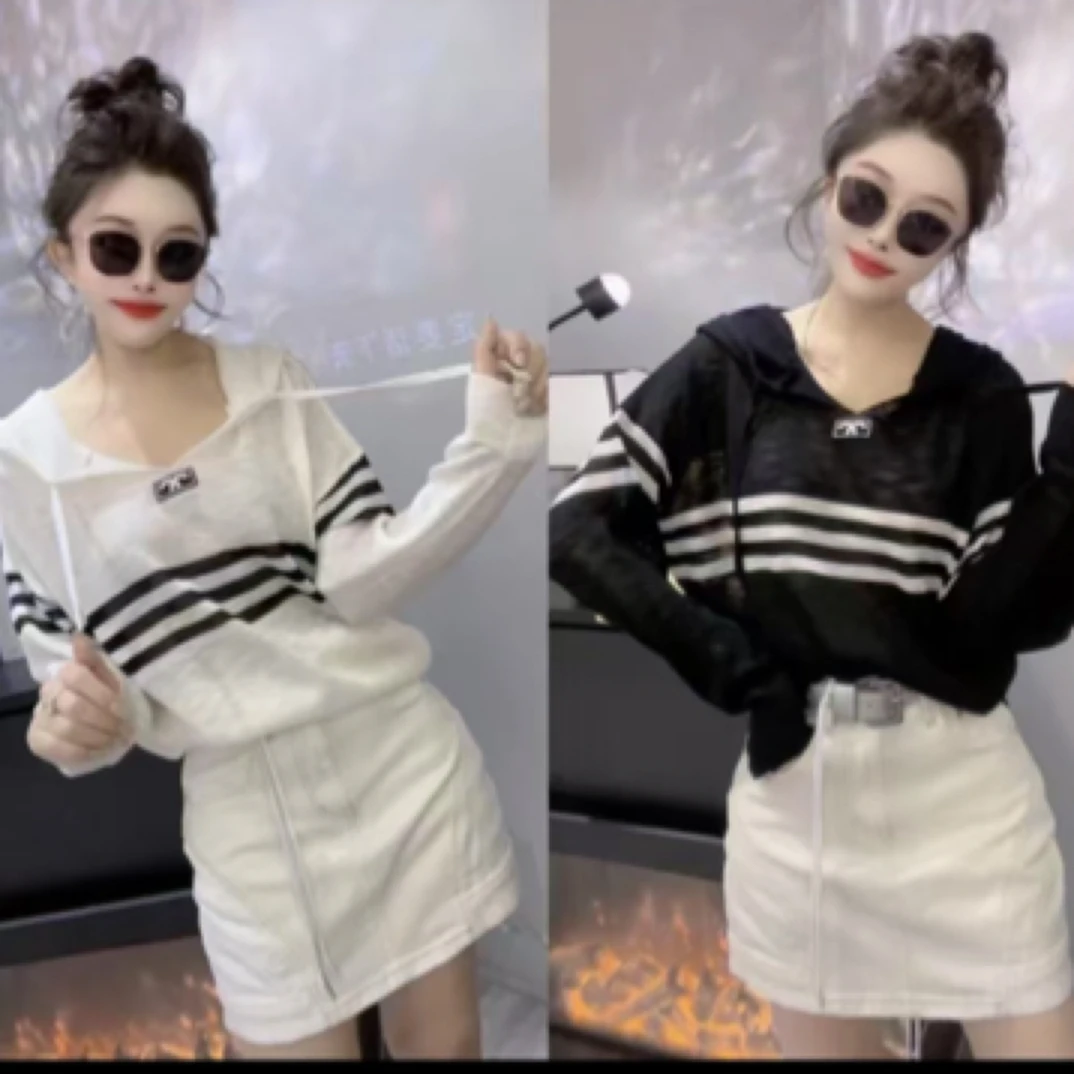 龙女家V领显瘦常规款条纹长袖防晒拼接气质上衣