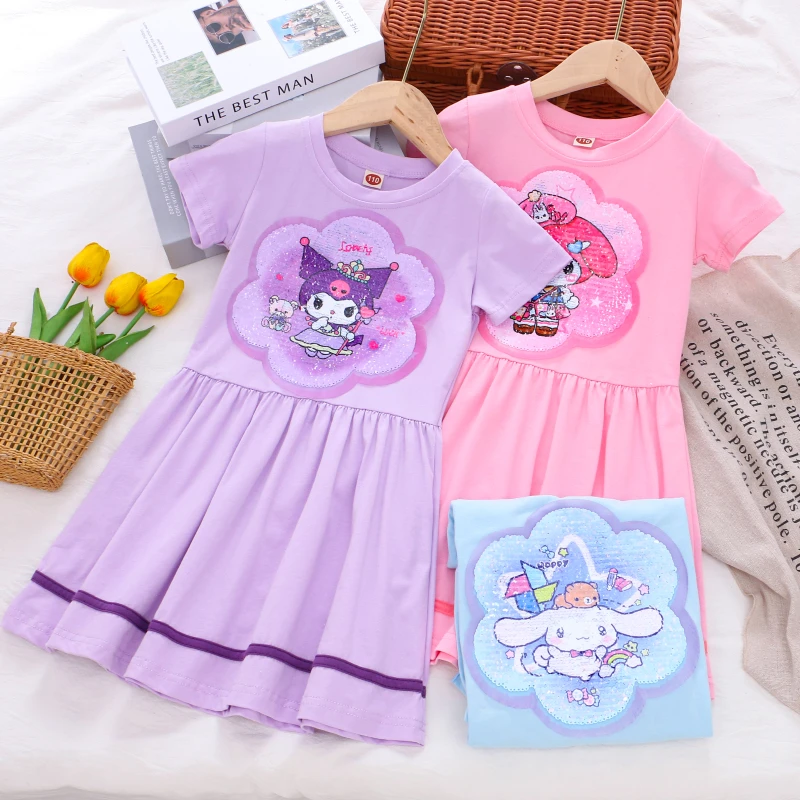 女童纯棉变色亮片连衣裙25夏薄款儿童装小女孩宝宝库洛米短袖裙子