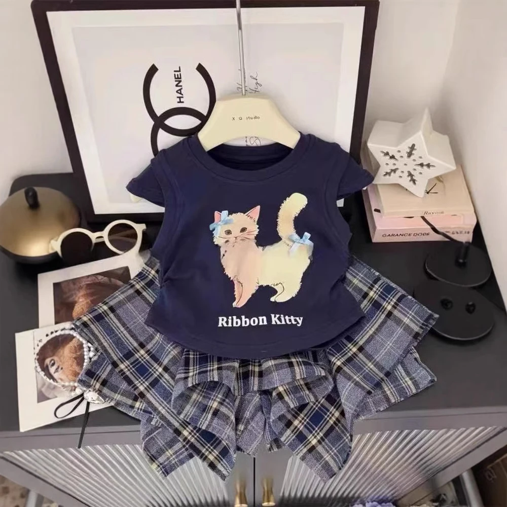 女.童夏新款女宝宝洋气可爱猫背心花边假两件格子裙裤套装.500266