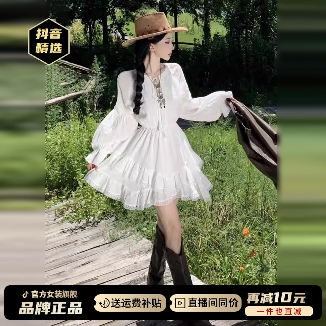 法式白色长袖收腰连衣裙女夏季2025年新款小个子气质秋冬绝美短裙