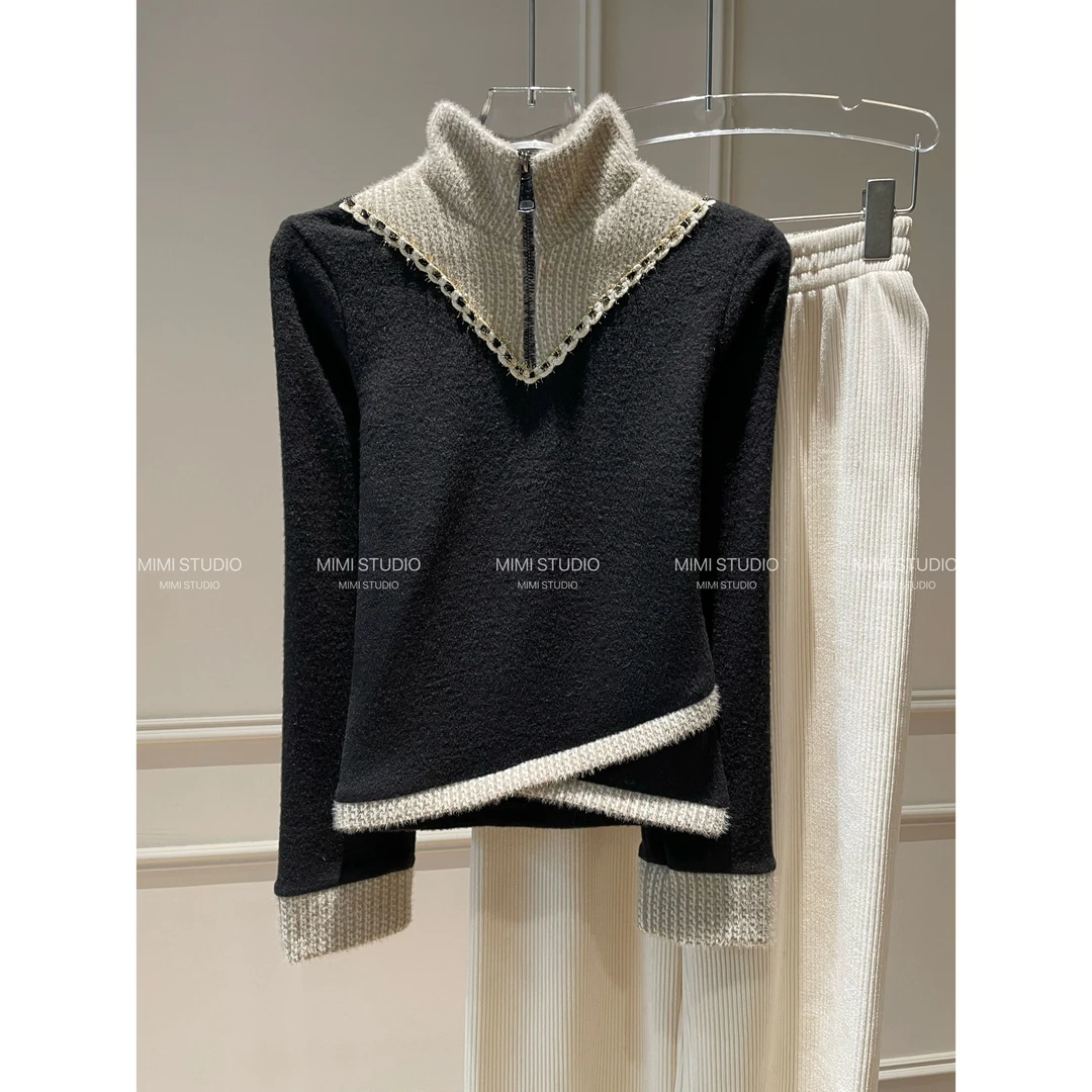 2025冬季新款 小香风拉链设计时尚贵气T恤打底衫上衣1136