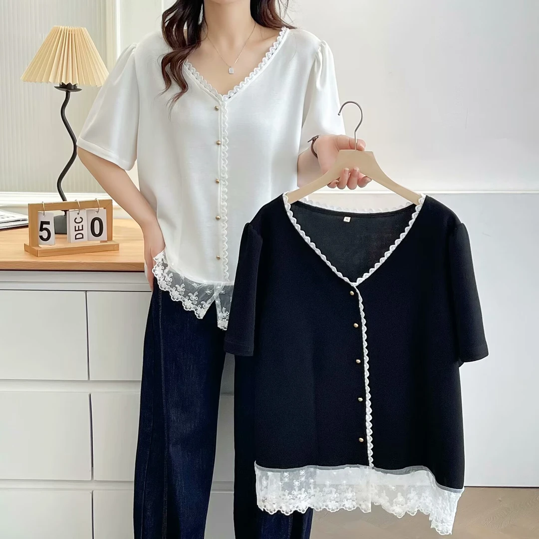 大码女装法式蕾丝花边拼接夏胖MM出游服装高级感T恤显瘦宽松减龄