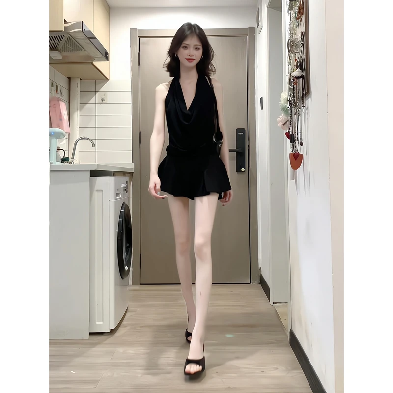 黑色吊带背心外穿绑带v领无袖露背挂脖上衣半身裙百褶裙超短裙子