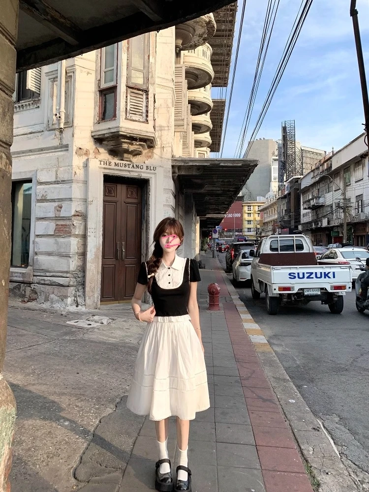 邻家少女学院风假两件拼接衬衫T恤花边半身裙乖巧少女套装A字裙