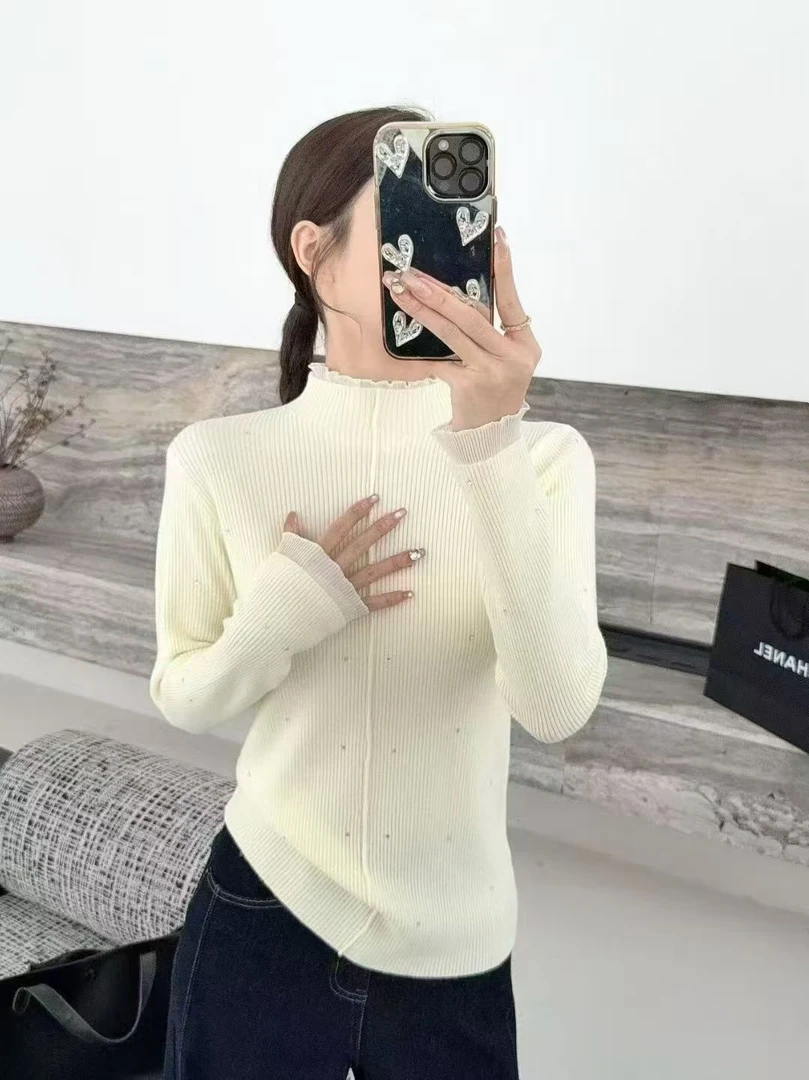 * 丽影 *秋冬新款* 钻饰蕾丝寸领羊毛衫 * 时尚长袖纯色上衣百搭