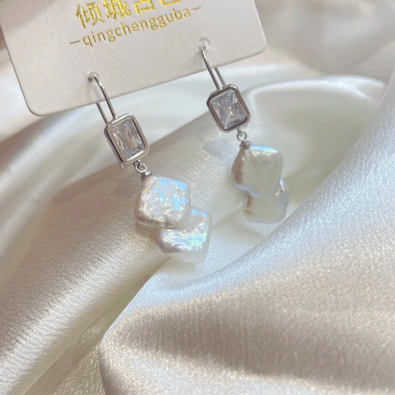 天然珍珠12-14mm双菱形耳钩异形巴洛克长方锆耳钩气质耳坠a392
