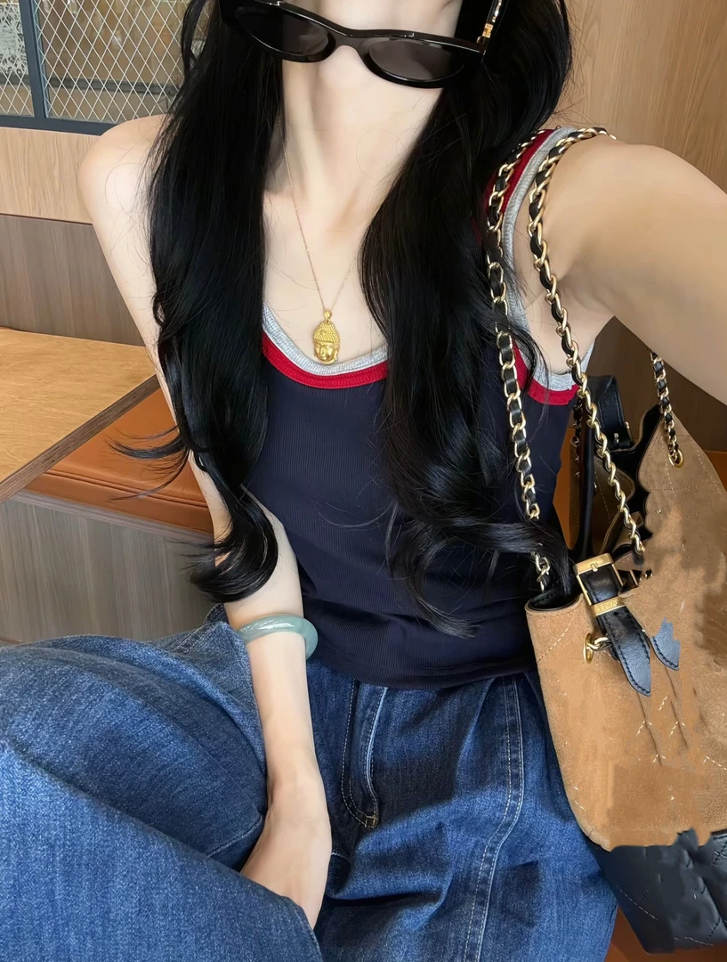 薇莎7003【辣妹】早秋新款撞色拼接圆领无袖时尚洋气打底背心女