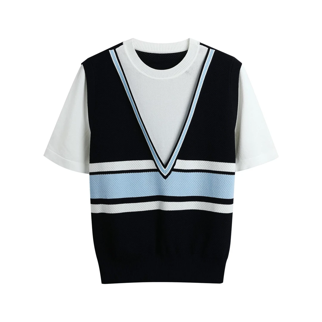 夏季时尚经典拼色显瘦针织上衣1089