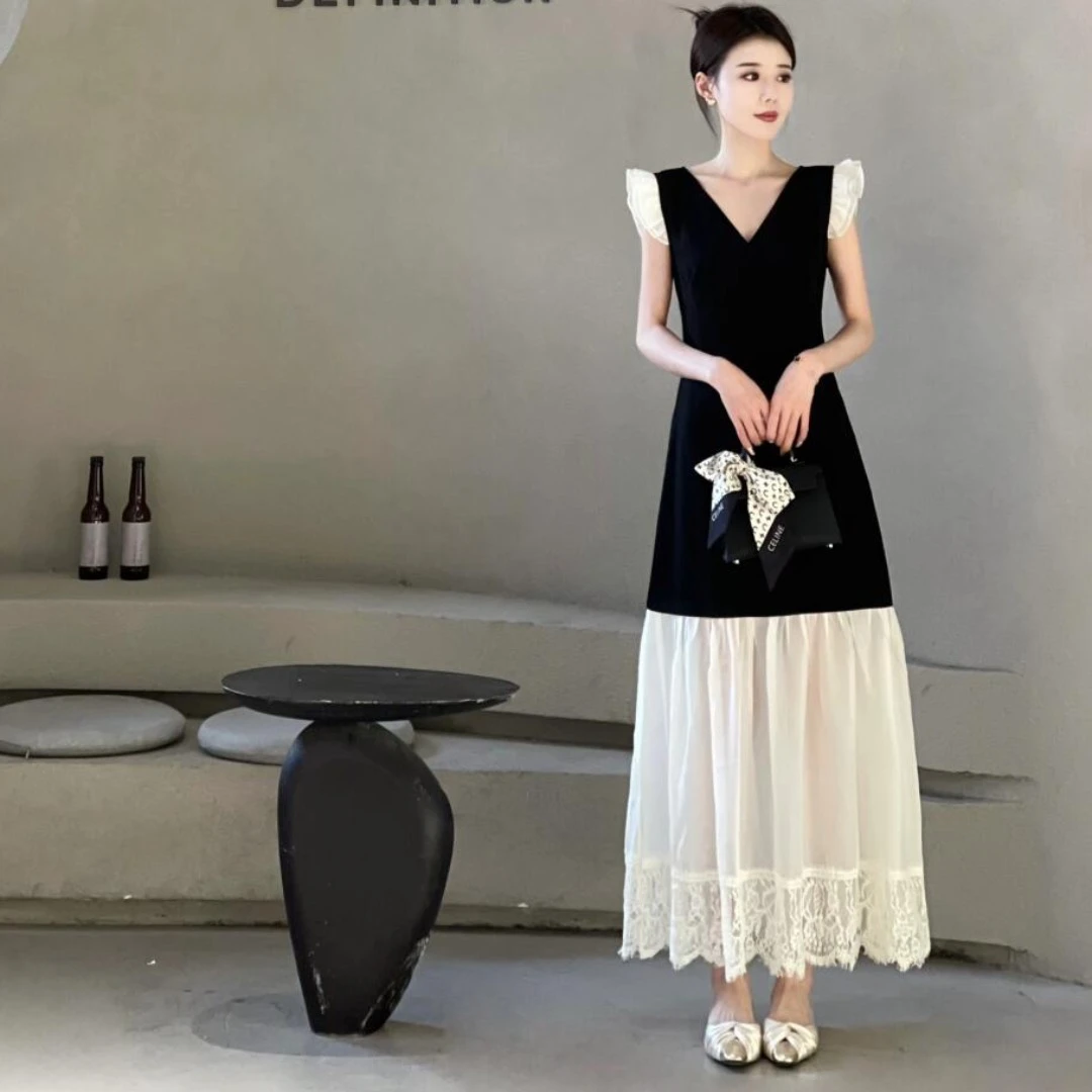 2025夏季新款法式温柔蕾丝拼接气质小黑裙欧根纱撞色长款连衣裙