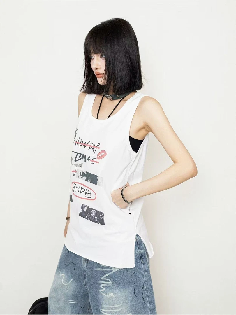 美式简约宽松简约印花背心休闲吊带无袖外穿T恤-010