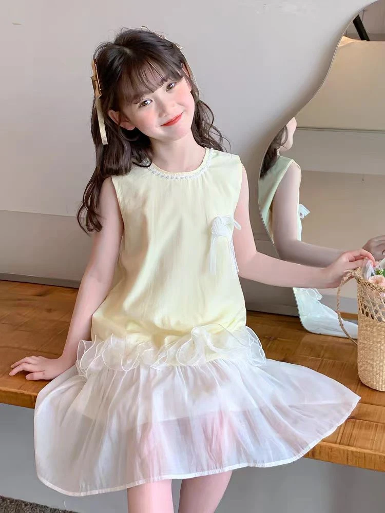 【玉娆 】现货Q188女童夏季蝴蝶结花边连衣裙