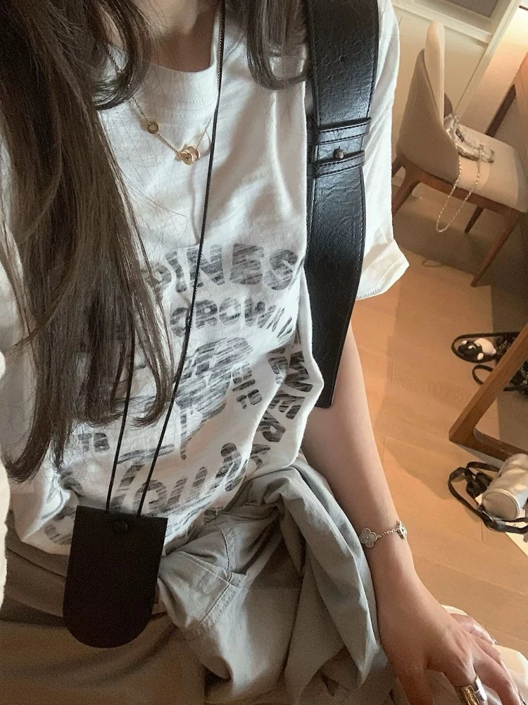 花生酱 美式玫瑰印花短袖t恤女夏季宽松慵懒中长款上衣显瘦百搭