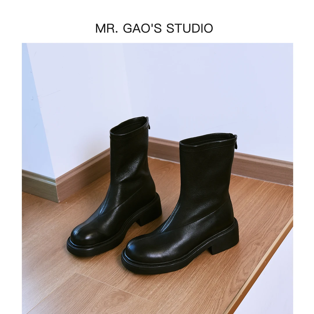 5cm羊皮版25新款高跟圆头厚底瘦瘦弹力靴后拉链英伦风时装靴短靴