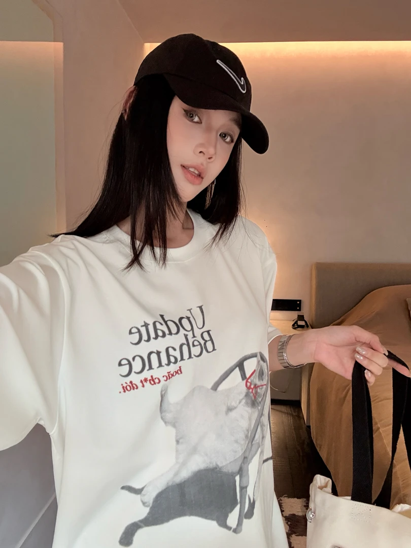 杨九七 美式复古趣味猫咪印花短袖T恤女夏季宽松休闲百搭上衣7926