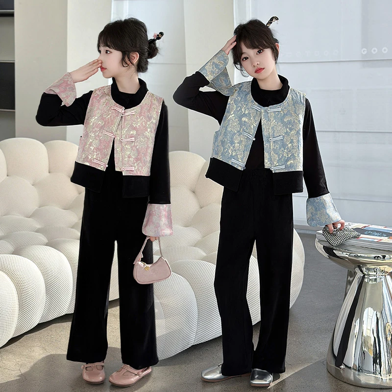 女童新中式马甲套装2025新款洋气中大儿童6-12岁15春装休闲三件套