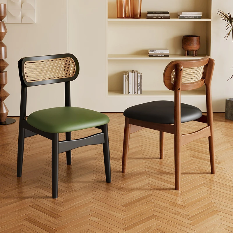 法式复古实木餐桌椅靠背餐椅中古休闲家用酒店藤编椅子高级感凳子