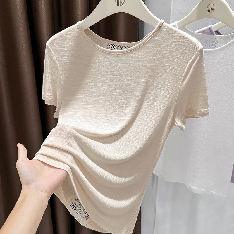 纯色别致小众蕾丝拼接设计感时髦洋气短袖T恤2025夏季新款上衣女
