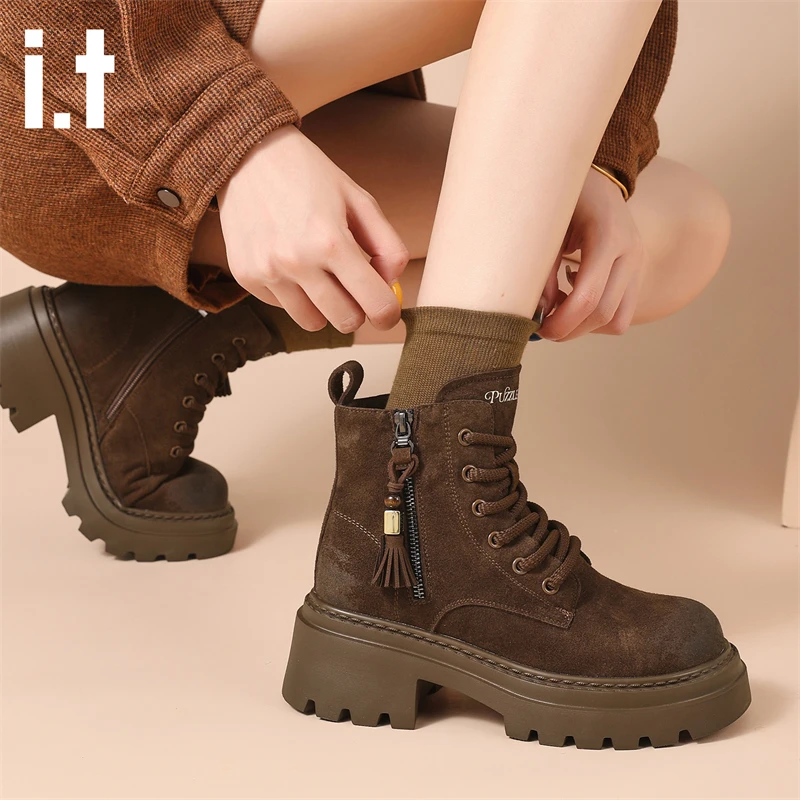 i.t puzzle秋冬时尚工装靴女显脚小马丁靴侧拉链款百搭户外休闲靴