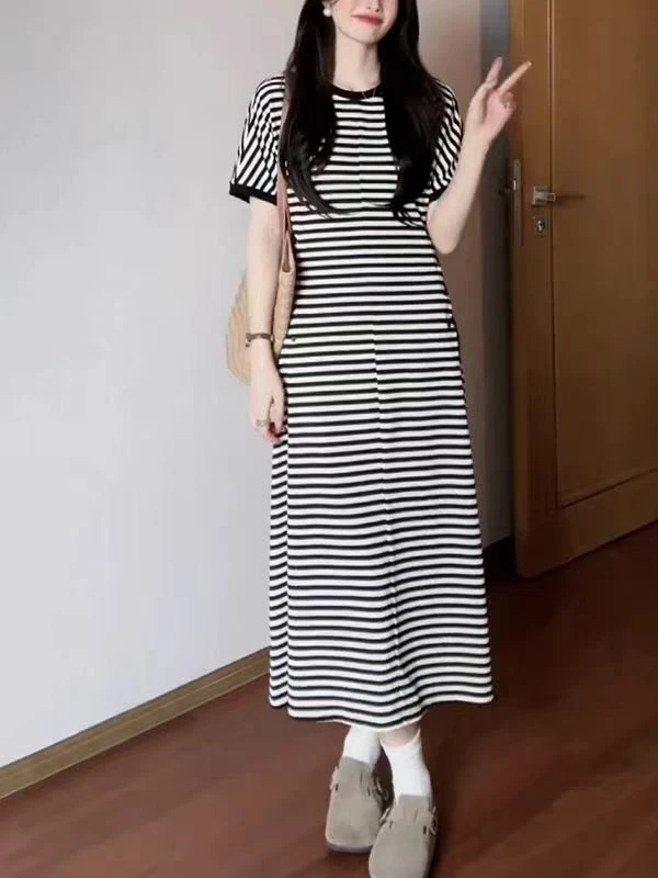 休闲条纹连衣裙宽松简约中长裙