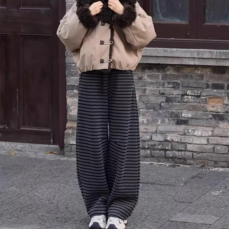 条纹时尚加绒加厚直筒阔腿裤女秋冬季新款高腰显瘦休闲羊毛弯刀裤
