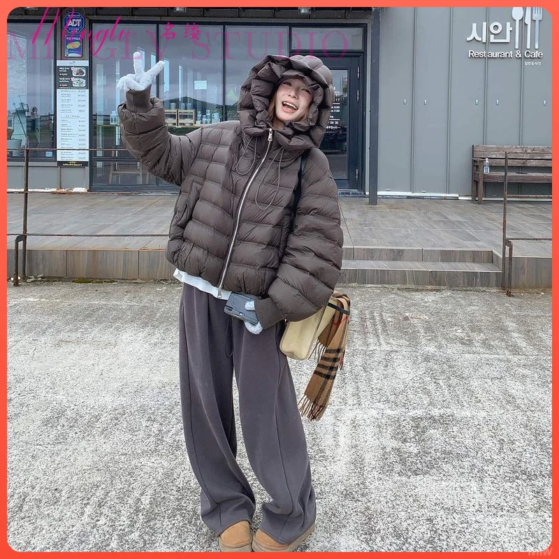 高品质炭灰色复古连帽羽绒服女2025冬季韩系设计感保暖加厚外套